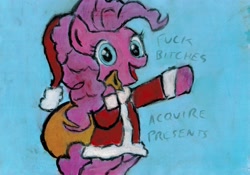 Size: 3436x2409 | Tagged: safe, artist:iris, artist:megasweet, pinkie pie, earth pony, pony, clothes, meme, parody, pastel, santa costume, solo, vulgar