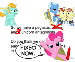 Size: 931x764 | Tagged: safe, flam, flim, lightning dust, pinkie pie, earth pony, pony, fourth wall, meta