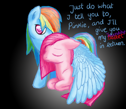 Size: 2606x2269 | Tagged: safe, artist:kristelpokemonfan, derpibooru import, pinkie pie, rainbow dash, earth pony, pegasus, pony, eyes closed, female, friendzone, frown, hug, lesbian, looking at you, pinkadash, pinkamena diane pie, pinkiedash, prone, shipping, smiling, smirk, winghug