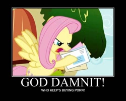 Size: 720x576 | Tagged: safe, edit, edited screencap, screencap, fluttershy, pegasus, pony, putting your hoof down, demotivational poster, female, hoof hold, mail, mare, meme, solo, text, vulgar