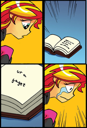 Size: 606x890 | Tagged: safe, edit, idw, sunset shimmer, human, equestria girls, spoiler:comic, spoiler:comicholiday2014, 4chan, comic, crying, frown, humanized, shimmerbuse, solo, ur a faget, vulgar, wide eyes