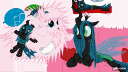 Size: 640x360 | Tagged: safe, artist:mixermike622, queen chrysalis, oc, oc:fluffle puff, oc:marksaline, changeling, changeling queen, animated, boop, canon x oc, chrysipuff, female, gif, lesbian, red changeling, shipping, static electricity, static shock, this will end in pain, weapons-grade boop