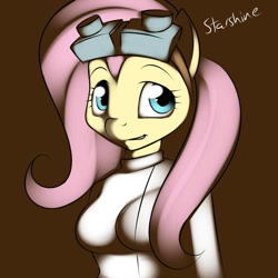 Size: 1280x1280 | Tagged: safe, artist:kloudmutt, fluttershy, anthro, clothes, dr adorable, female, pink hair, solo