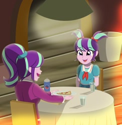 Size: 1024x1053 | Tagged: safe, artist:sumin6301, snowfall frost, starlight glimmer, a hearth's warming tail, equestria girls, adopted offspring, beverage, chair, clothes, cute, double the glimmer, duality, equestria girls-ified, food, glass, glimmerbetes, glimmerdoption, light, mama starlight, open mouth, parent:starlight glimmer, pizza, restaurant, schoolgirl, self adoption, self paradox, sitting, table, time paradox, whipped cream, younger