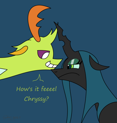 Size: 2000x2105 | Tagged: safe, artist:derpanater, queen chrysalis, thorax, changedling, changeling, changeling queen, blue background, bust, dark souls, debate in the comments, dialogue, duo, frown, grin, king thorax, lidded eyes, portrait, simple background, smiling, smug, smug bug, taunting
