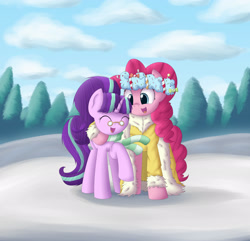 Size: 2200x2120 | Tagged: safe, artist:vanillaghosties, pinkie pie, snowfall frost, starlight glimmer, earth pony, pony, a hearth's warming tail, spirit of hearth's warming presents