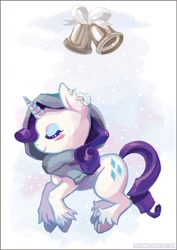 Size: 600x847 | Tagged: safe, artist:mazzlebee, rarity, pony, unicorn, bells, blushing, clothes, cloven hooves, cute, eyes closed, female, hood, mare, profile, raribetes, scarf, solo, unshorn fetlocks