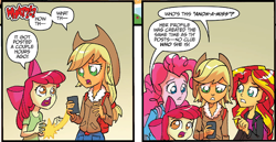 Size: 642x331 | Tagged: safe, artist:tonyfleecs, apple bloom, applejack, pinkie pie, sunset shimmer, equestria girls, spoiler:comic, spoiler:comicholiday2014, anonymous, comic