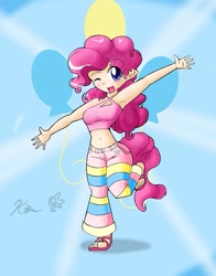 Size: 509x650 | Tagged: safe, artist:kei-waza, pinkie pie, armpits, belly button, humanized, midriff, sandals, solo, tailed humanization