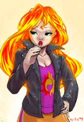 Size: 408x593 | Tagged: safe, artist:daraku, artist:dong, sunset shimmer, human, colored, humanized, lollipop, pixiv, solo