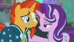 Size: 1920x1080 | Tagged: safe, screencap, starlight glimmer, sunburst, pony, unicorn, the crystalling, lidded eyes, lip bite, out of context