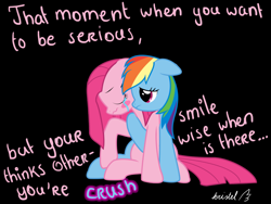 Size: 1024x768 | Tagged: safe, artist:kristelpokemonfan, derpibooru import, pinkie pie, rainbow dash, earth pony, pegasus, pony, crying, female, grammar error, lesbian, pinkiedash, sad, shipping