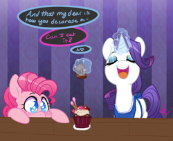 Size: 670x550 | Tagged: safe, artist:lolopan, pinkie pie, rarity, earth pony, pony, unicorn, apron, clothes, cupcake, food, food art, hungry, magic, table