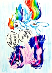 Size: 1967x2785 | Tagged: safe, artist:liaaqila, derpibooru import, rainbow dash, twilight sparkle, twilight sparkle (alicorn), alicorn, pegasus, pony, duo, falling, flying, flying lesson, outdoors, sky, speech bubble