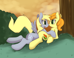 Size: 1750x1375 | Tagged: dead source, safe, artist:grumblepluck, carrot top, derpy hooves, golden harvest, pegasus, pony, derpytop, female, lesbian, mare, open mouth, shipping