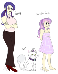 Size: 1100x1400 | Tagged: dead source, safe, artist:cartoonlion, opalescence, rarity, sweetie belle, barefoot, clothes, dress, feet, futaverse, glasses, grin, high heels, humanized, lipstick, reference sheet, smiling