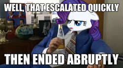 Size: 500x275 | Tagged: safe, rarity, pony, unicorn, anchorman, image macro, photo, that escalated quickly, will ferrell