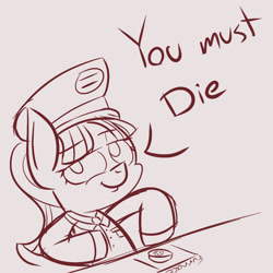 Size: 800x800 | Tagged: source needed, safe, artist:narmet, starlight glimmer, pony, unicorn, button, clothes, female, implied murder, looking at you, mare, monochrome, sketch, solo, this will end in tears and/or death, uniform