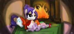 Size: 4312x2000 | Tagged: safe, artist:chelseasnow, rarity, spike, dragon, pony, unicorn, alternate hairstyle, clawsucking, clothes, female, fireplace, hat, interspecies, male, ribbon, santa hat, shipping, sleeping, sparity, straight, sweater