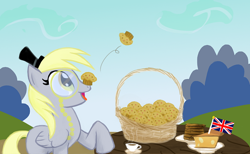 Size: 1120x690 | Tagged: safe, artist:kheltari, derpy hooves, pegasus, pony, basket, britain, female, flag, hat, mare, monocle, tea, union jack