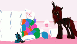 Size: 500x288 | Tagged: safe, artist:mixermike622, queen chrysalis, oc, oc:fluffle puff, oc:marksaline, changeling, changeling queen, animated, atomic bomb, balloon, boop, canon x oc, chrysipuff, doll, explosion, female, fun cave, gif, lesbian, nuclear explosion, nuclear weapon, shipping, sofa, static electricity, toy, tsar bomba, varying degrees of want, weapon, weapons-grade boop