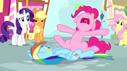 Size: 1280x720 | Tagged: safe, derpibooru import, screencap, applejack, fluttershy, pinkie pie, rainbow dash, rarity, earth pony, pegasus, pony, unicorn, pinkie pride, female, mare, on back, out of context