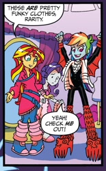 Size: 600x968 | Tagged: safe, artist:tonyfleecs, idw, rainbow dash, rarity, sunset shimmer, equestria girls, spoiler:comic, spoiler:comicholiday2014, clothes, comic, costume, kiss (band), rainbow dash always dresses in style, slippers