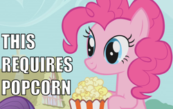 Size: 1110x700 | Tagged: safe, edit, edited screencap, screencap, pinkie pie, earth pony, pony, applebuck season, caption, image macro, popcorn, reaction image