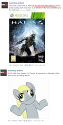 Size: 494x983 | Tagged: safe, derpy hooves, human, pegasus, pony, :i, armor, derp, gamestop, gun, halo (series), looking at you, master chief, rifle, shrug, shrugpony, weapon