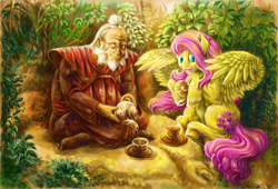 Size: 900x613 | Tagged: safe, artist:neutral-the-devil, fluttershy, pegasus, pony, avatar the last airbender, crossover, iroh, tea