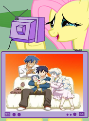 Size: 563x771 | Tagged: artist needed, source needed, safe, fluttershy, pegasus, pony, blatant lies, denial, exploitable meme, happy ending, kamina, meme, nia teppelin, simon, tengen toppa gurren lagann, tv meme