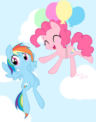 Size: 795x1006 | Tagged: safe, artist:niji cookies, derpibooru import, pinkie pie, rainbow dash, earth pony, pegasus, pony, balloon, then watch her balloons lift her up to the sky