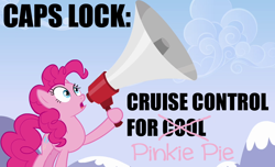 Size: 1150x700 | Tagged: safe, pinkie pie, earth pony, pony, caps lock, caption, image macro, megaphone