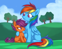 Size: 1225x972 | Tagged: safe, artist:mn27, derpibooru import, rainbow dash, scootaloo, pegasus, pony, cute, cutealoo, dashabetes, female, filly, hug, lidded eyes, mare, missing cutie mark, scootalove, sitting, smiling, smirk