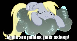 Size: 977x528 | Tagged: safe, derpy hooves, pegasus, pony, black background, caption, cloud, eyes closed, female, floppy ears, image macro, lightning, mare, mods are asleep, prone, simple background, sleeping, smiling, solo, stormcloud