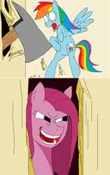 Size: 607x968 | Tagged: safe, artist:hyolark, derpibooru import, pinkie pie, rainbow dash, earth pony, pegasus, pony, fanfic:cupcakes, axe, bipedal, crossover, female, here's johnny, mare, movie reference, ms paint, parody, pinkamena diane pie, the shining