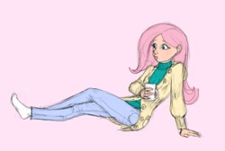 Size: 984x660 | Tagged: safe, artist:carnifex, fluttershy, human, clothes, female, humanized, pink hair