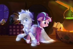 Size: 1657x1123 | Tagged: safe, artist:scootiebloom, applejack, snowfall frost, spirit of hearth's warming past, starlight glimmer, earth pony, ghost, pony, a hearth's warming tail, scene interpretation, spirit