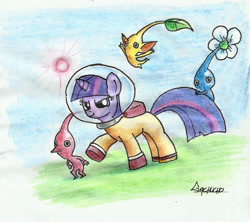 Size: 1391x1236 | Tagged: safe, artist:gachucho, derpibooru import, twilight sparkle, unicorn twilight, pony, unicorn, astronaut, blue pikmin, captain olimar, crossover, female, in command, mare, parody, pikmin, red pikmin, spacesuit, traditional art, yellow pikmin