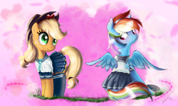 Size: 5000x3000 | Tagged: safe, artist:shogundun, derpibooru import, applejack, rainbow dash, earth pony, pegasus, pony, clothes, cowboy hat, cute, dashabetes, duo, female, hat, jackabetes, mare, rear view, school uniform, skirt, skirt lift, stetson