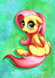 Size: 658x930 | Tagged: safe, artist:c-puff, fluttershy, pegasus, pony, unicorn, blushing, female, mare, signature, sitting, solo