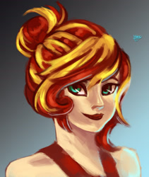 Size: 2550x3025 | Tagged: safe, artist:checkerboardazn, sunset shimmer, human, alternate hairstyle, humanized, solo