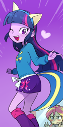 Size: 500x1000 | Tagged: safe, artist:baekgup, sunset shimmer, twilight sparkle, equestria girls, animal ears, blushing, boots, clothes, cute, eyes closed, fake tail, female, glass, heart, heart eyes, implied lesbian, implied shipping, implied sunsetsparkle, leg warmers, one eye closed, open mouth, pony ears, shoes, skirt, sweater, wingding eyes, wink, wondercolts