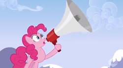 Size: 620x342 | Tagged: safe, screencap, pinkie pie, earth pony, pony, wonderbolts academy, caps lock, megaphone, traditional royal canterlot voice