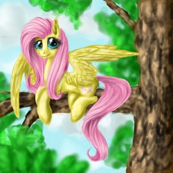 Size: 700x700 | Tagged: safe, artist:quennyqueen, fluttershy, pegasus, pony, female, mare, solo, tree