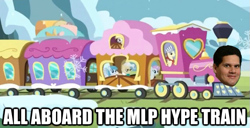 Size: 625x320 | Tagged: safe, derpy hooves, lightning bolt, mayor mare, twinkleshine, white lightning, pegasus, pony, female, friendship express, hype, image macro, mare, reggie fils-aime, train