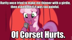 Size: 960x540 | Tagged: safe, cheerilee, earth pony, pony, cheerilee pun, clothes, corset, curtain, exploitable meme, female, green eyes, mare, meme, microphone, open mouth, pun, smiling, solo, spotlight, text, two toned mane, two toned tail