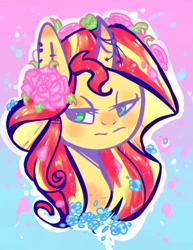 Size: 1132x1464 | Tagged: safe, artist:baid-woo, sunset shimmer, pony, unicorn, flower in hair, solo