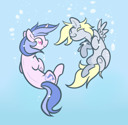 Size: 1046x1016 | Tagged: safe, artist:selective-yellow, derpy hooves, sea swirl, seafoam, pegasus, pony, unicorn, background pony, bubble, cute, duo, female, mare, swimming, underhoof, underwater