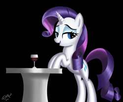 Size: 2013x1677 | Tagged: safe, artist:warfost, rarity, pony, unicorn, alcohol, bipedal, drink, hooves on the table, solo, table, wine, wine glass